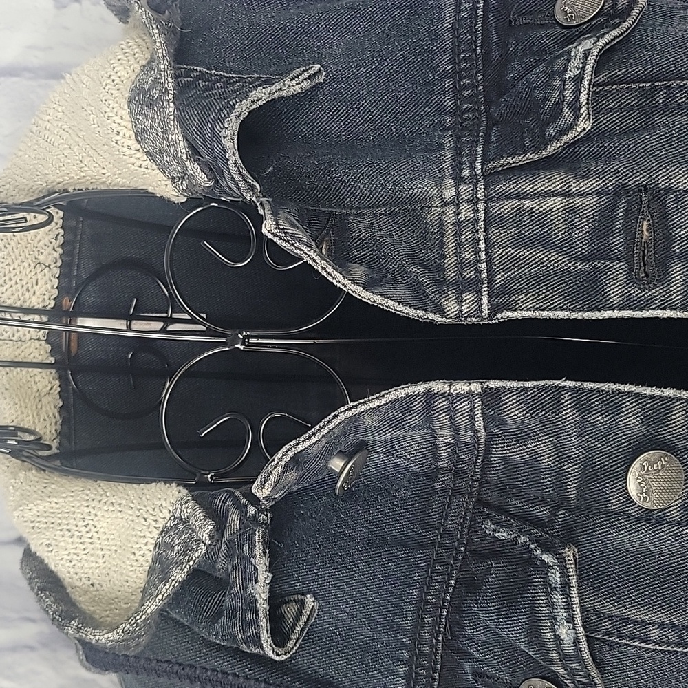 Free People Black Denim Mixed‎ Media Short Hoodie Jacket Small - Picture 3 of 11